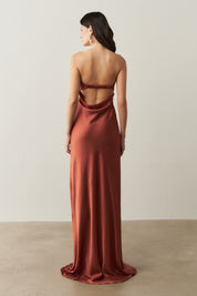 Vestido Longo com Decote Reto e Decote Profundo nas Costas - Marbella Terracota