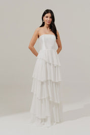 Vestido Longo com Decote Reto e Saia Assimétrica - Costa Rica Off White