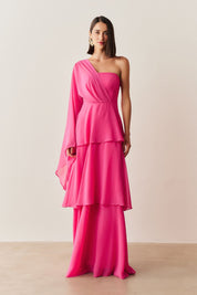 Vestido Longo com Decote Reto, Manga Longa Flare e Saia em Camadas - Austin Pink