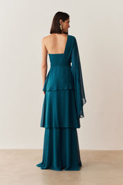 Vestido Longo com Decote Reto, Manga Longa Flare e Saia em Camadas - Austin Verde Petróleo