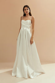 Vestido Longo com Decote Semi Coração, Alça Removível e Pregas na Saia e Busto - Santorini Off White