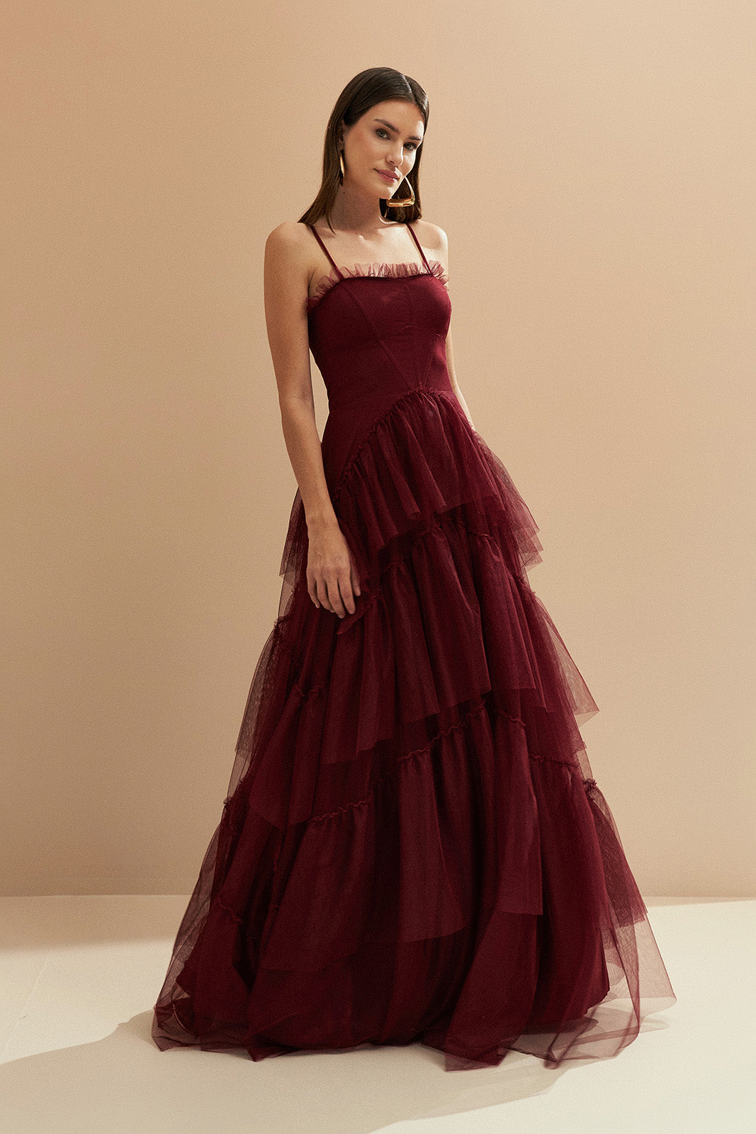 Vestido Longo com Decote Semi Coração e Saia de Babados - Provença Marsala