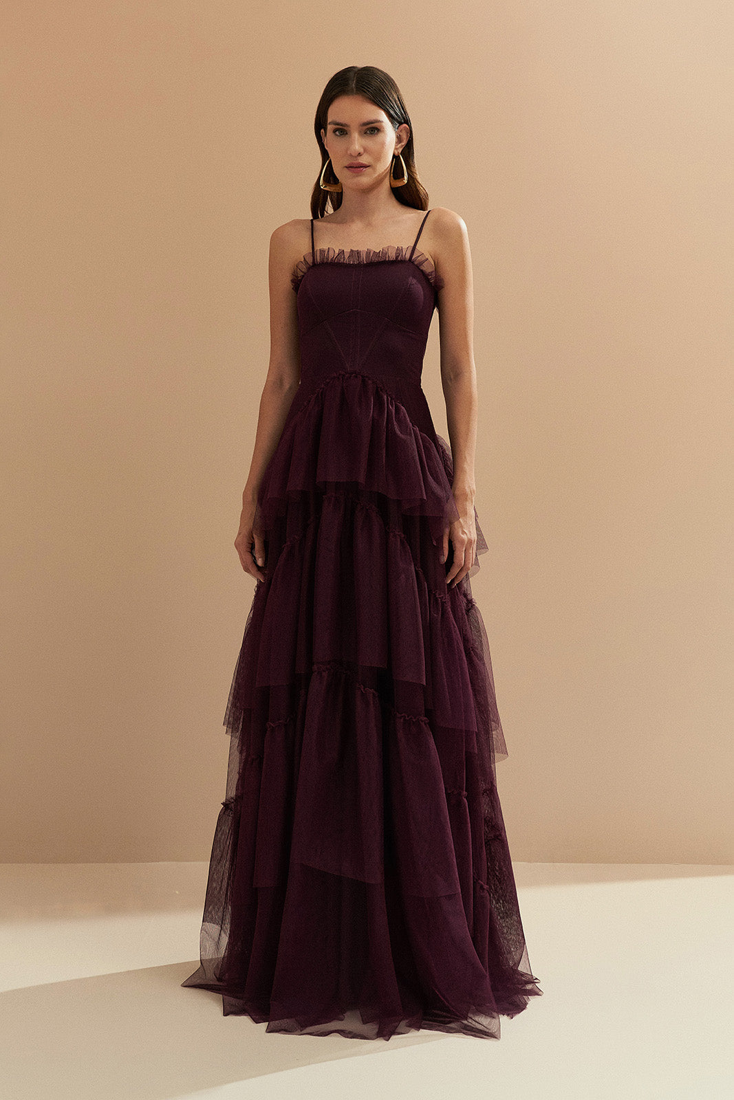 Vestido Longo com Decote Semi Coração e Saia de Babados - Provença Roxo Berinjela