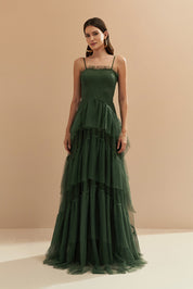 Vestido Longo com Decote Semi Coração e Saia de Babados - Provença Verde Oliva