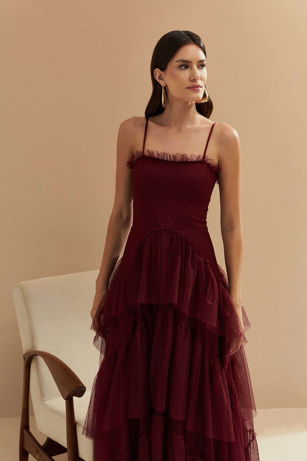 Vestido Longo com Decote Semi Coração e Saia de Babados - Provença Marsala