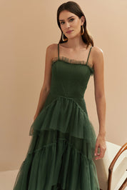 Vestido Longo com Decote Semi Coração e Saia de Babados - Provença Verde Oliva