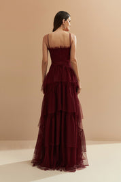 Vestido Longo com Decote Semi Coração e Saia de Babados - Provença Marsala