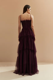 Vestido Longo com Decote Semi Coração e Saia de Babados - Provença Roxo Berinjela