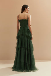 Vestido Longo com Decote Semi Coração e Saia de Babados - Provença Verde Oliva