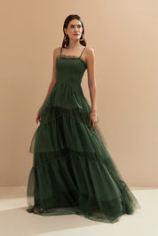 Vestido Longo com Decote Semi Coração e Saia de Babados - Provença Verde Oliva