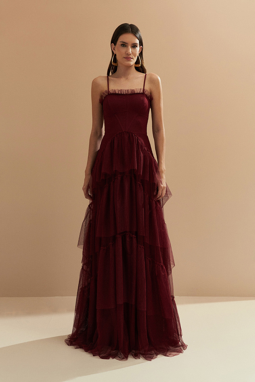 Vestido Longo com Decote Semi Coração e Saia de Babados - Provença Marsala