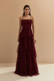 Vestido Longo com Decote Semi Coração e Saia de Babados - Provença Marsala