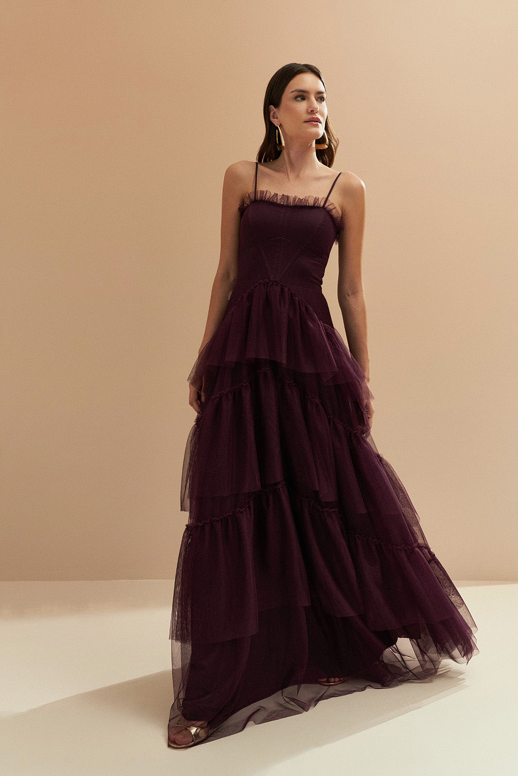 Vestido Longo com Decote Semi Coração e Saia de Babados - Provença Roxo Berinjela