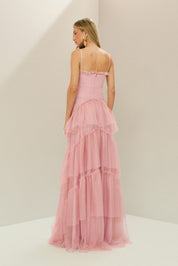 Vestido Longo em Tule com Decote Semi Coração e Saia de Babados - Provença Rosa Claro