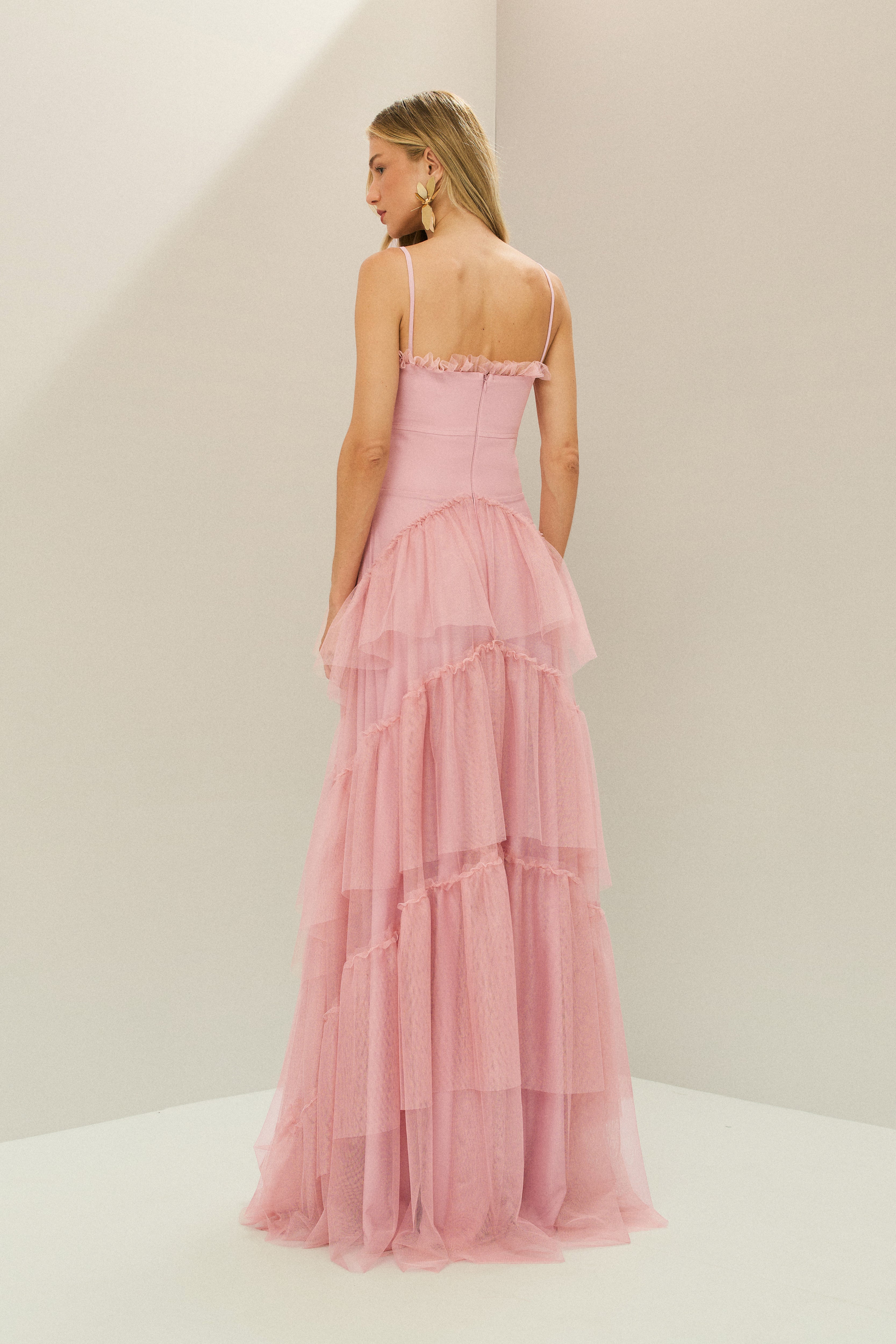 Vestido Longo em Tule com Decote Semi Coração e Saia de Babados - Provença Rosa Claro