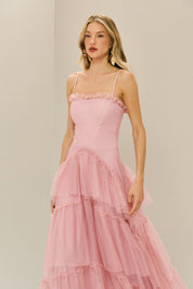 Vestido Longo em Tule com Decote Semi Coração e Saia de Babados - Provença Rosa Claro