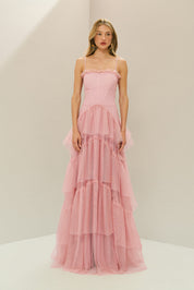 Vestido Longo em Tule com Decote Semi Coração e Saia de Babados - Provença Rosa Claro