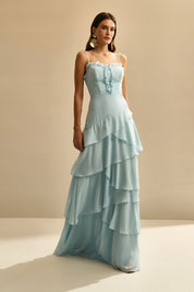 Vestido Longo com Decote V, Costas Abertas e Saia com Babados Assimétricos - Praga Azul Serenity