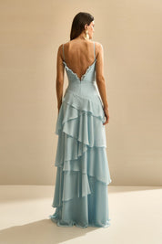 Vestido Longo com Decote V, Costas Abertas e Saia com Babados Assimétricos - Praga Azul Serenity