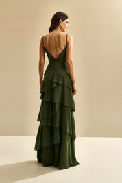 Vestido Longo com Decote V, Costas Abertas e Saia com Babados Assimétricos - Praga Verde Oliva