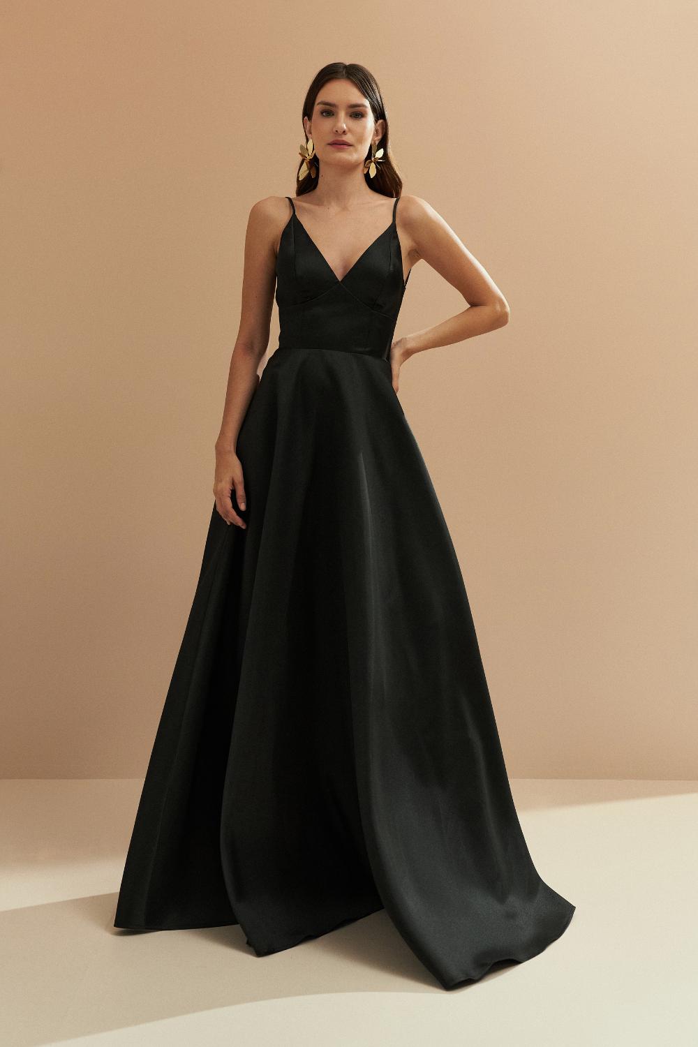 Vestido Longo com Decote V e Alça Fina - Atlanta Preto