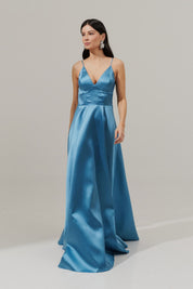 Vestido Longo com Decote V e Alça Fina - Atlanta Azul