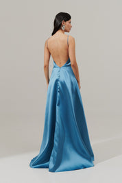 Vestido Longo com Decote V e Alça Fina - Atlanta Azul