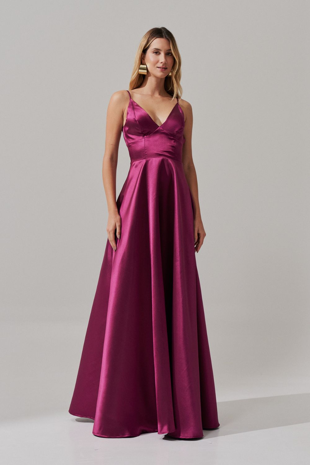 Vestido Longo com Decote V e Alça Fina - Atlanta Fúcsia