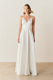 Vestido Longo com Decote V e Alça Fina - Atlanta Off White
