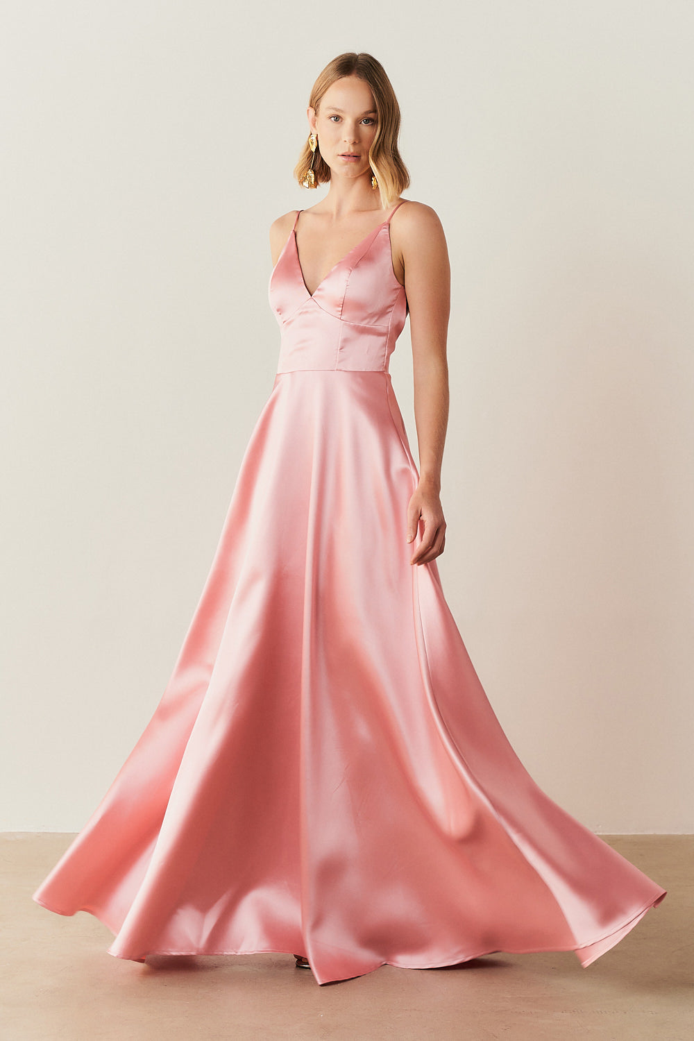 Vestido Longo com Decote V e Alça Fina - Atlanta Rosa