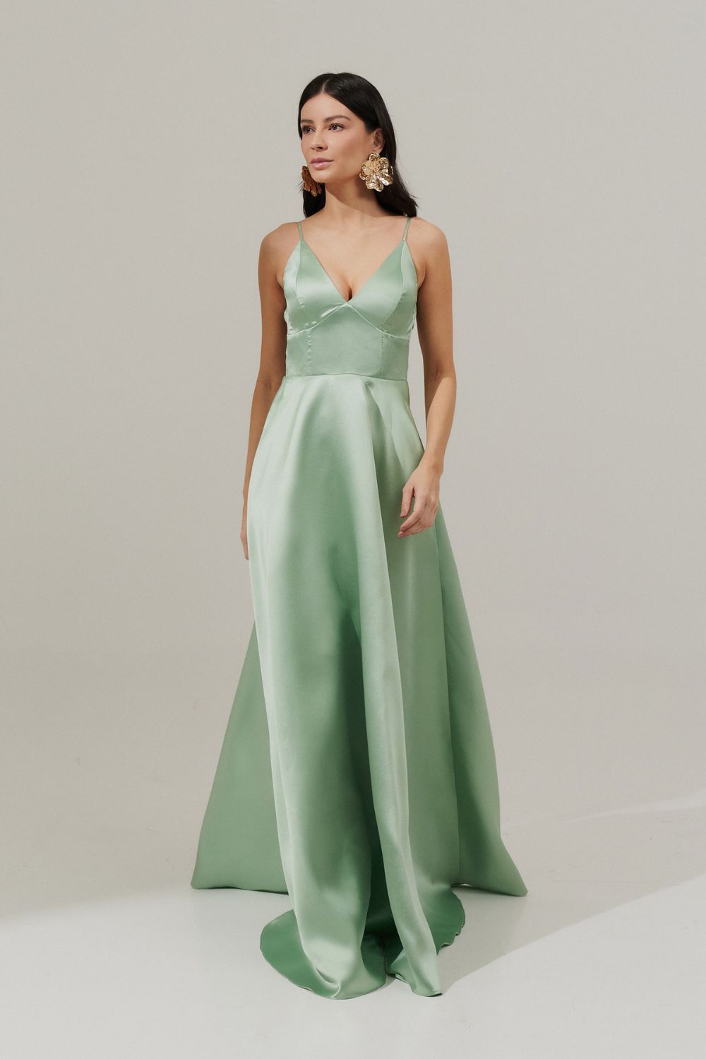 Vestido Longo com Decote V e Alça Fina - Atlanta Menta