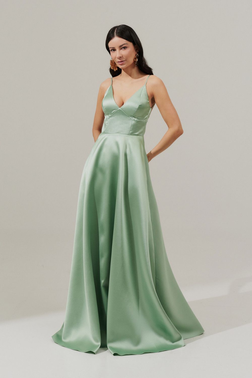 Vestido Longo com Decote V e Alça Fina - Atlanta Menta