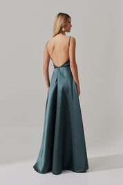 Vestido Longo com Decote V e Alça Fina - Atlanta Verde Gray