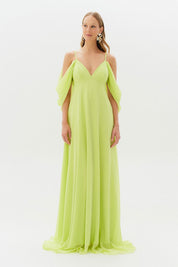 Vestido Longo com Decote V e Manga Caída - Argentina Verde Lima