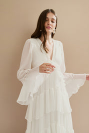Vestido Longo em Chiffon com Decote V, Manga Longa e Babados - Bariloche Off White