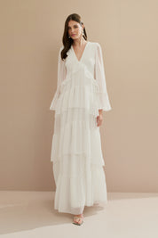 Vestido Longo em Chiffon com Decote V, Manga Longa e Babados - Bariloche Off White