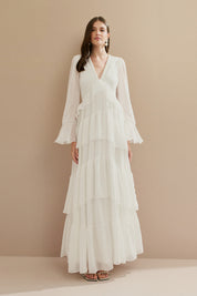 Vestido Longo em Chiffon com Decote V, Manga Longa e Babados - Bariloche Off White