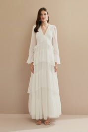 Vestido Longo em Chiffon com Decote V, Manga Longa e Babados - Bariloche Off White