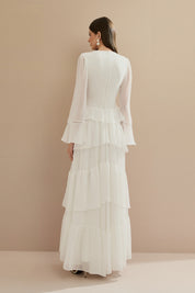 Vestido Longo em Chiffon com Decote V, Manga Longa e Babados - Bariloche Off White