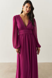 Vestido Longo com Decote V, Manga Longa e Fenda Lateral - Fabíola II Fúcsia