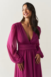 Vestido Longo com Decote V, Manga Longa e Fenda Lateral - Fabíola II Fúcsia