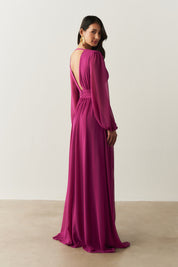 Vestido Longo com Decote V, Manga Longa e Fenda Lateral - Fabíola II Fúcsia