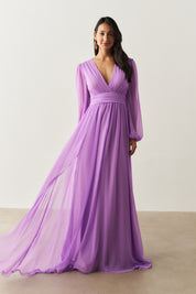 Vestido Longo com Decote V, Manga Longa e Fenda Lateral - Fabíola II Lilás | Lavanda