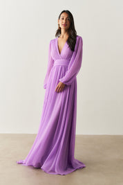 Vestido Longo com Decote V, Manga Longa e Fenda Lateral - Fabíola II Lilás | Lavanda