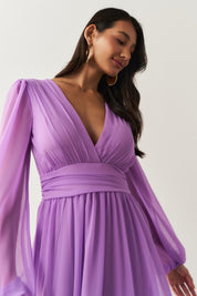 Vestido Longo com Decote V, Manga Longa e Fenda Lateral - Fabíola II Lilás | Lavanda