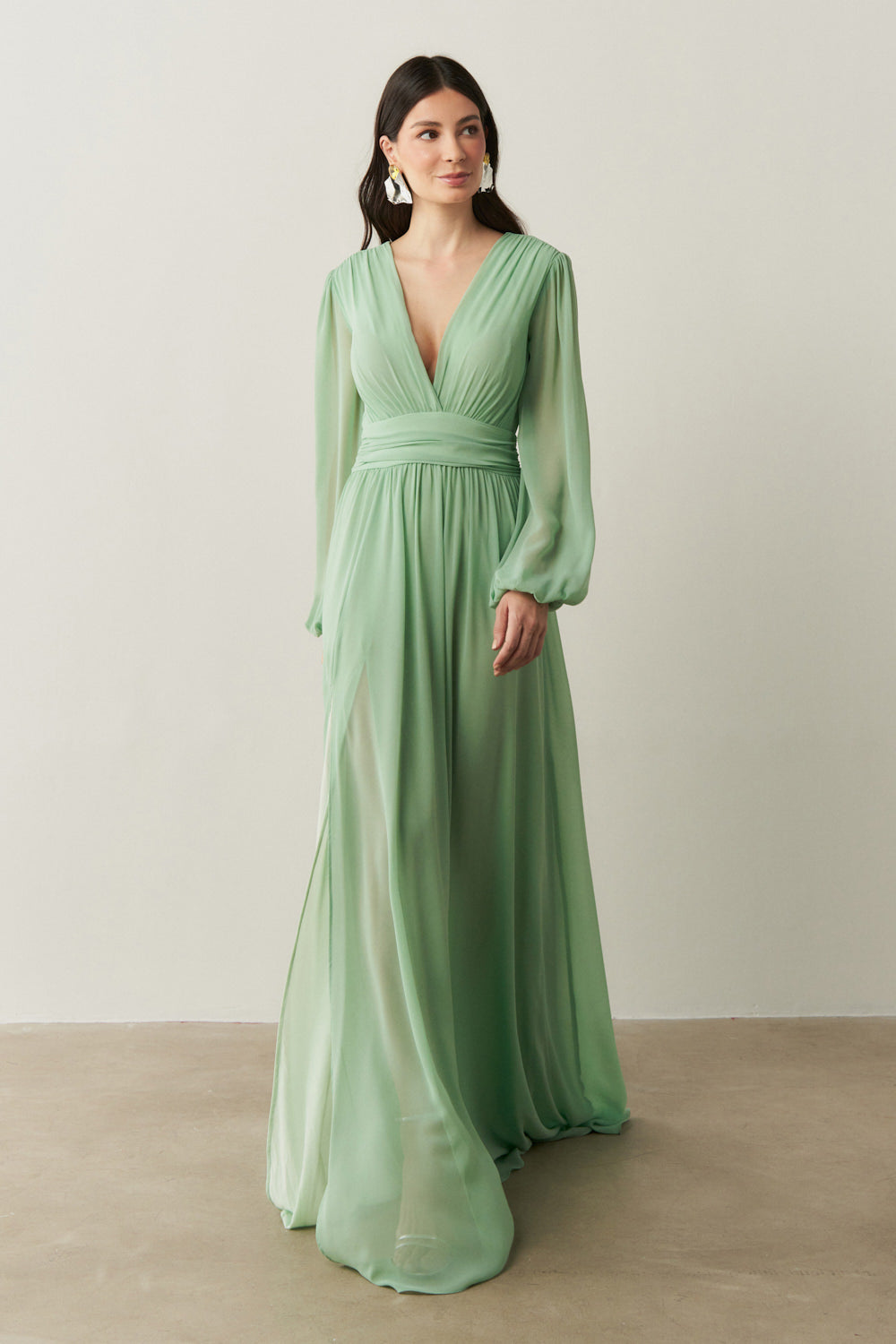 Vestido Longo com Decote V, Manga Longa e Fenda Lateral - Fabíola II Menta