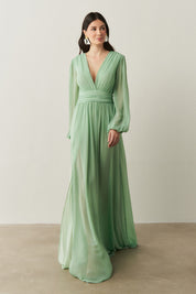 Vestido Longo com Decote V, Manga Longa e Fenda Lateral - Fabíola II Menta