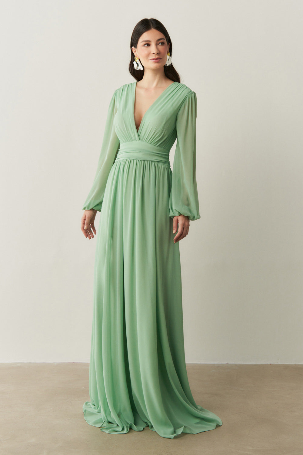 Vestido Longo com Decote V, Manga Longa e Fenda Lateral - Fabíola II Menta