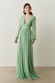 Vestido Longo com Decote V, Manga Longa e Fenda Lateral - Fabíola II Menta