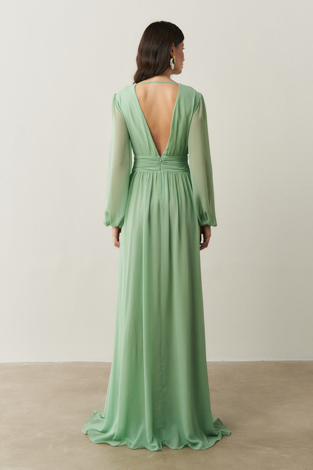 Vestido Longo com Decote V, Manga Longa e Fenda Lateral - Fabíola II Menta